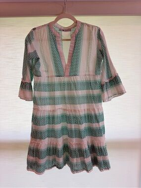 Bindi Green & White Tiered V-Neck Mini Dress size small
